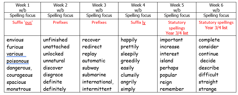 Year 4 spellings summer 2025